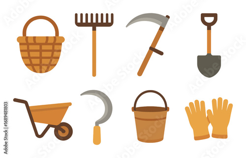 Set of essential gardening tools - basket, rake, sickle, shovel, wheelbarrow, gloves, bucket