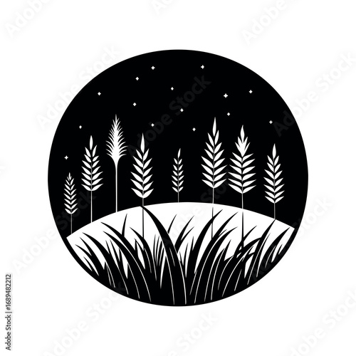 Monochrome Illustration of Grass and Trees under Starry Night in a Circle