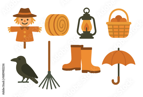 Autumn harvest icons: scarecrow, lantern, apples, and more in warm tones