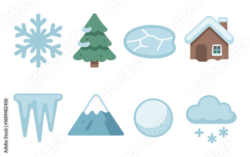 Winter icons set: snowflake, tree, igloo, house, icicle, mountain, snowball, cloud