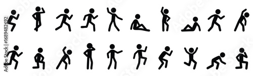 Stickman activity silhouette collection of running, walking, sitting, jumping, relaxing, exercising and movement icon design set