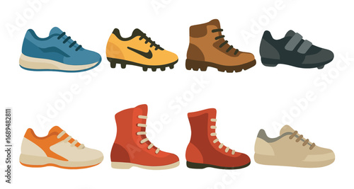 Variety of colorful athletic and casual shoes with laces and velcro straps