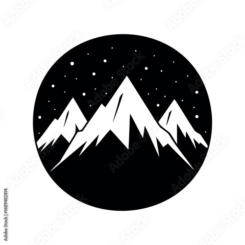 Three snowy mountains on a dark night sky in a circular emblem