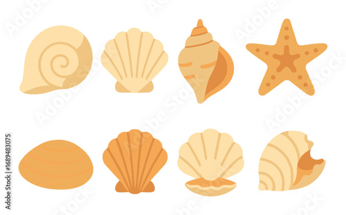 Glow effect seashells and starfish on golden background