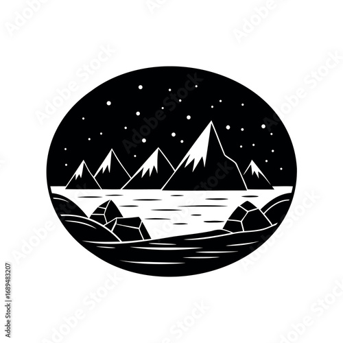 Black and white mountain range and lake landscape with stars design illustration
