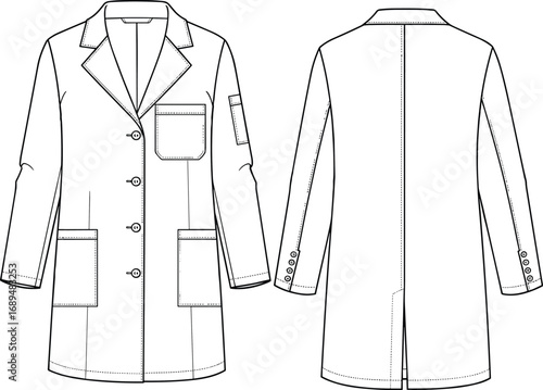Long sleeve coat with button closure, multiple pockets, structured lapel collar, back vent, front and back view cad drawing flat vector illustration