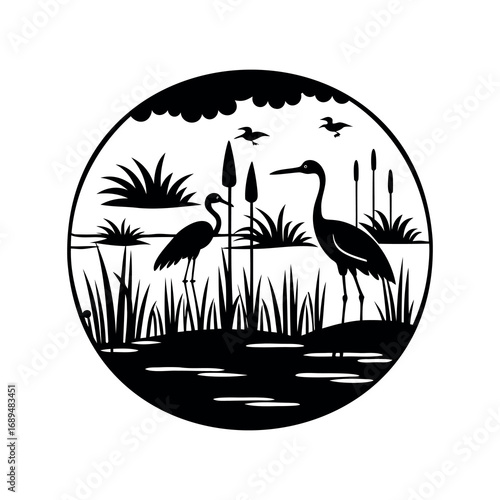 Elegant Heron Silhouette in a Tranquil Wetland Landscape Art