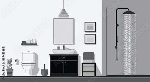 Monochrome bathroom interior design with modern fixtures and minimalist decor showcasing a clean and contemporary space