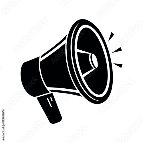 Bold black and white illustration of a megaphone promoting announcement messages