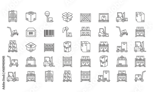 Warehouse Icon Set. Distribution, industry, inventory, shipping, supplier, delivery, cabin icon line art style vector template