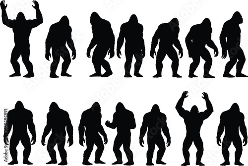 Bigfoot silhouette vector set, Sasquatch walking poses, Yeti monster icons, cryptid creature illustrations, wild forest legend clipart for design