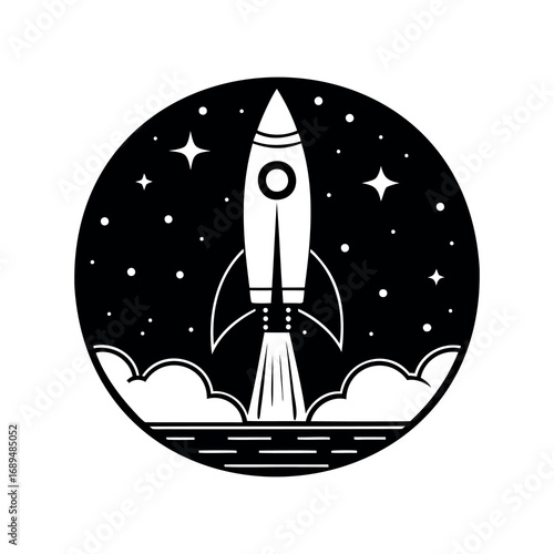 Black and white rocket launch illustration in circular night sky scene