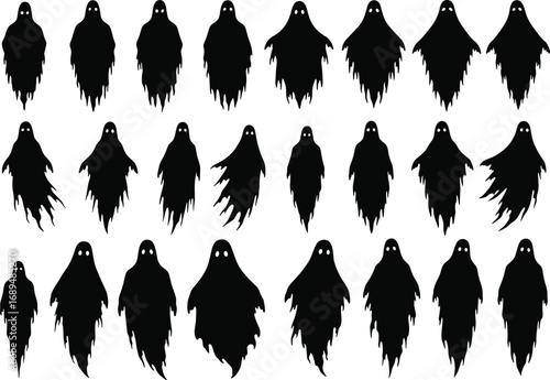 Scary ghost silhouette vector set, Halloween ghost icons, spooky spirit clipart collection, horror illustration pack, haunted night shadow design