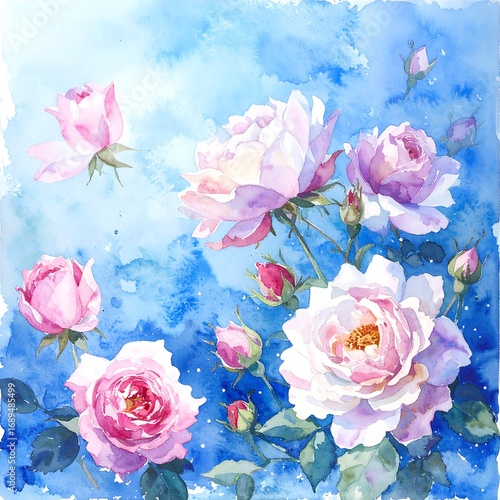 Wallpaper Mural Beautiful watercolor roses blooming against blue sky Torontodigital.ca