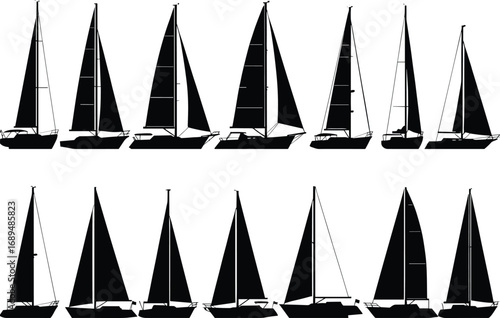 Silhouette sailboats collection, sailing boat vector icons, black yacht silhouettes, nautical clipart set, marine illustration for design, decor
