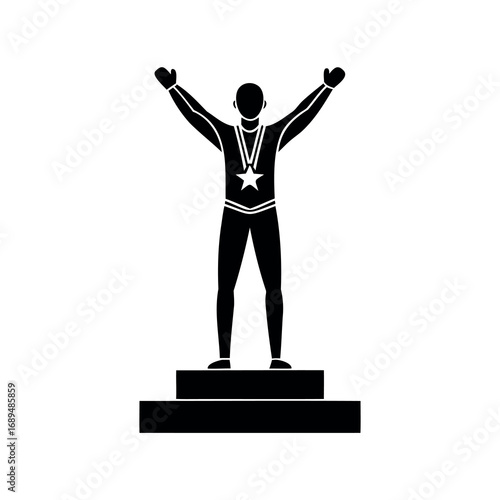 Silhouette of triumphant figure on a pedestal with arms raised high