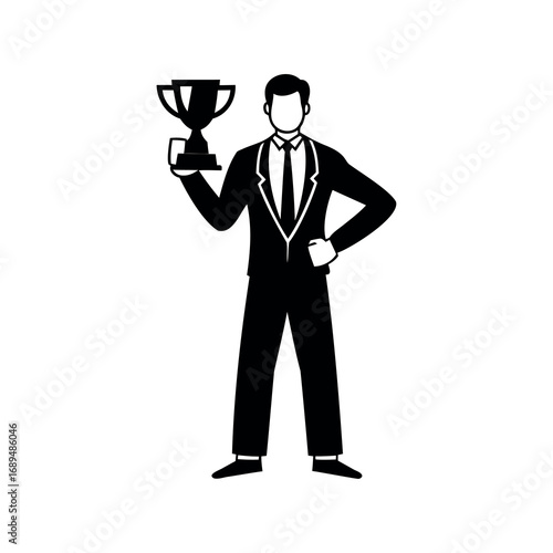 A victorious businessman proudly displaying a trophy for his achievements, success