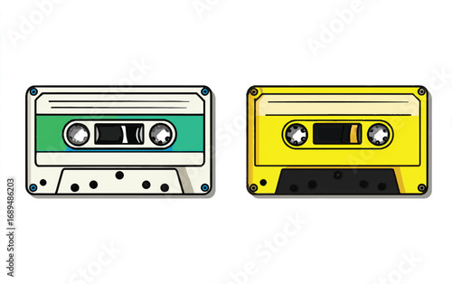 Nostalgic vintage audio cassette tapes in green and yellow color representing the retro music listening era and analog sound experience