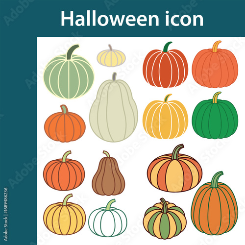 Collection of colorful cartoon pumpkins and gourds for halloween decoration and autumn harvest celebration