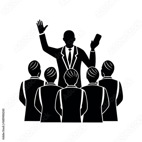 A leader addresses a crowd of people in a business setting environment