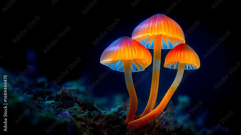 Fototapeta premium Glowing Fungi Cluster Against Black, Illuminating the Forest Floor with Ethereal Bioluminescence
