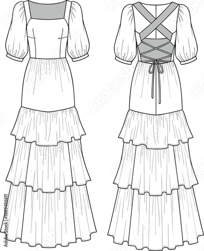Tiered ruffle maxi dress with puff sleeves, lace up back, elegant feminine style fashion cad drawing flat vector illustration