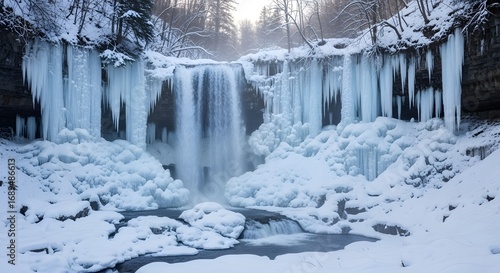 Majestic frozen waterfall cascades amidst a serene winter wonderland with icy formations