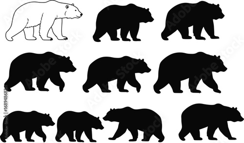 Black bear silhouette collection, bear outline icons, wild animal shapes, bear clipart, wildlife vector, nature illustration set, bear design elements.