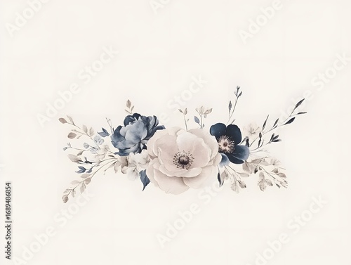 Elegant Watercolor Floral Bouquet Dusty Blue and Beige Flowers Arrangement
