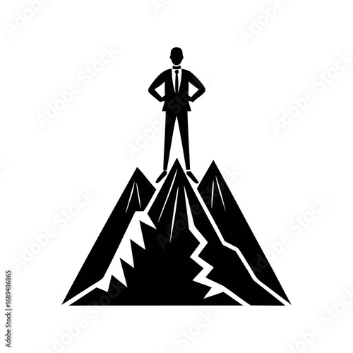 Successful businessman standing on top of the mountain peak, conquering heights