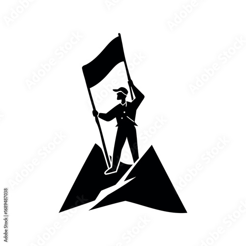 Silhouette of a man reaching the summit holding a flag triumphantly high