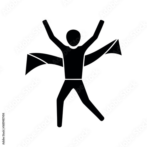 Silhouette of a triumphant person breaking through a finish line ribbon