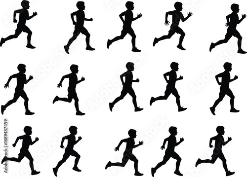 Silhouettes of running boys in various poses, children running, kids exercise, jogging silhouettes, active boys, outdoor fitness, running kids collection, healthy lifestyle, movement, sport