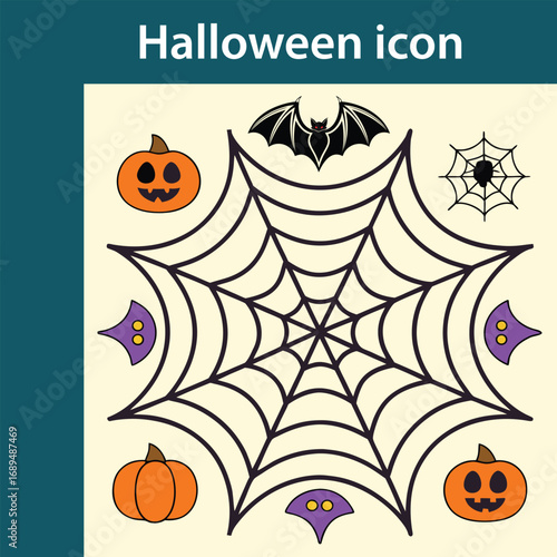 Halloween icon collection featuring a large spiderweb with pumpkins bats and a spider