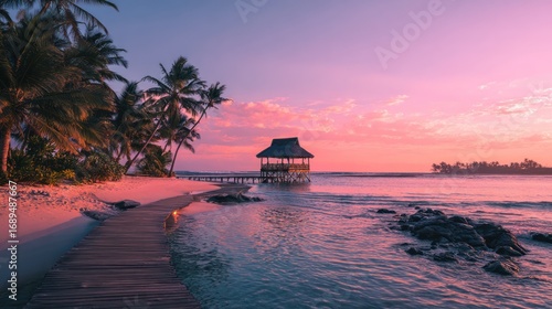 Tropical beach with palm trees and a dock leading to a gazebo at sunset