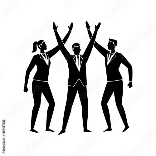 Three business people celebrating success with arms raised in the air triumphantly