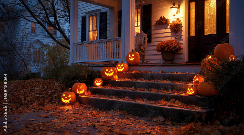 Obraz premium a photo of the front steps and porch of an american house decorated with pumpkins for halloween, with leaves scattered around