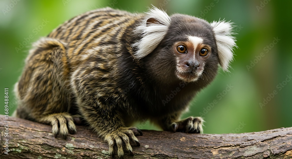 Obraz premium Close up of a marmoset monkey sitting on a branch.