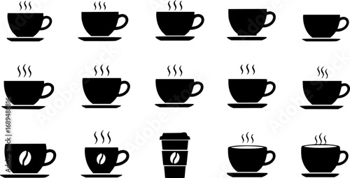 Coffee cup icon set. Cups of coffee tea collection. Hot drink icon. Disposable cup. Cup coffe with steam. Flat style. Vector Illustration. Vector Graphic. EPS 10