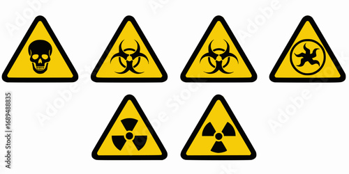 Set of warning signs with a skull, biohazard, radioactive and fallout symbols in yellow triangle sign vector illustration

