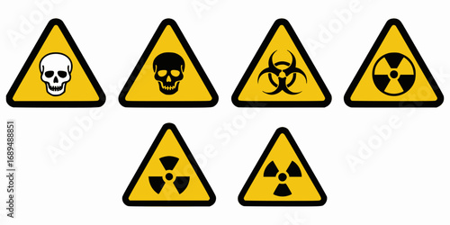 Set of warning signs with a skull, biohazard, radioactive and fallout symbols in yellow triangle sign vector illustration
