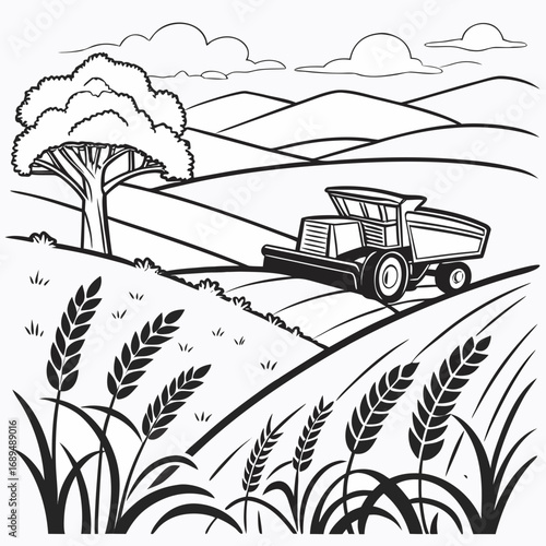 Retro style landscape with combine harvester vector illustration of coloring page black and white