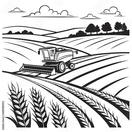 Retro style landscape with combine harvester vector illustration of coloring page black and white