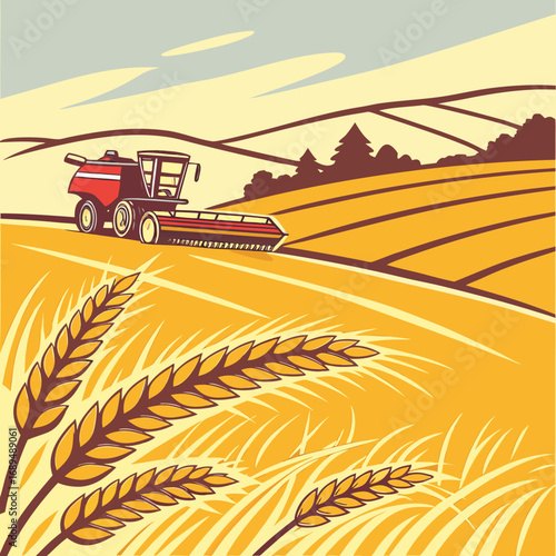 Retro style landscape with combine harvester vector illustration of coloring page black and white