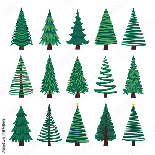 A collection of various pine and fir trees for winter holidays and nature themes