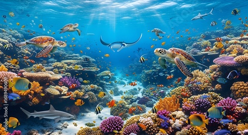 Vibrant coral reef teeming with diverse marine life under clear blue ocean waters.
