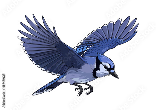 Blue jay in mid-flight with outstretched wings and a minimalist background for illustration concept