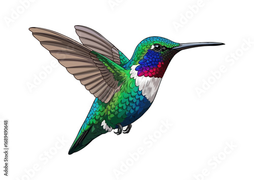 Colorful hummingbird in mid-flight with a minimalist background for illustration concept