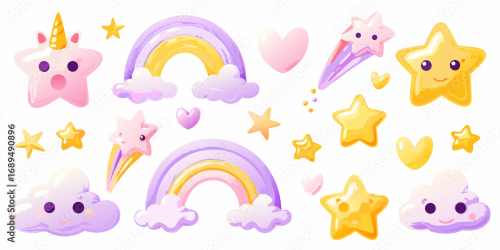 Collection of cute kawaii style unicorn stars rainbows clouds and hearts for kids Collection of cute kawaii style unicorn stars rainbows clouds and hearts for kids