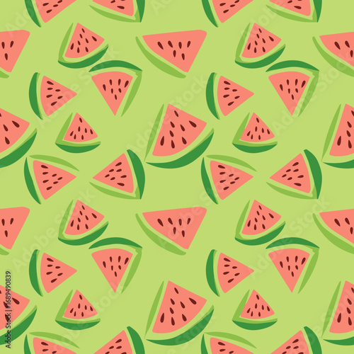 Repeating pattern of sliced watermelon wedges on a bright green background